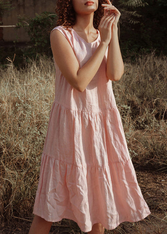 Pink O Neck Wrinkled Patchwork Linen Dress Sleeveless