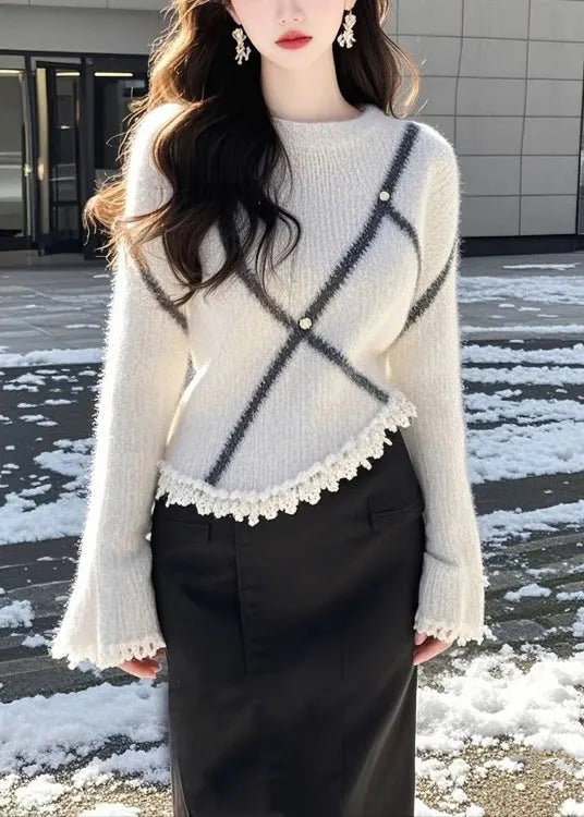 Beige O Neck Patchwork Knit Sweaters Flare Sleeve