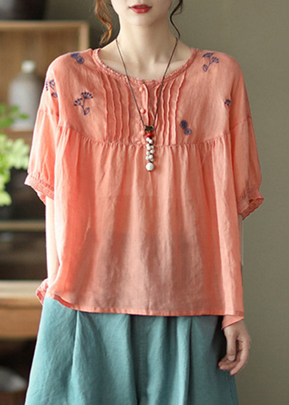 Handmade Orange O-neck Embroidered Button Wrinkled Linen Tops Half Sleeve