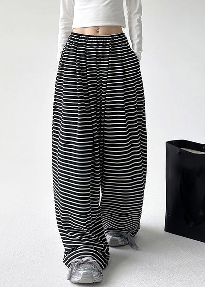 Black White Striped Elastic Waist Wide Leg Pants Spring