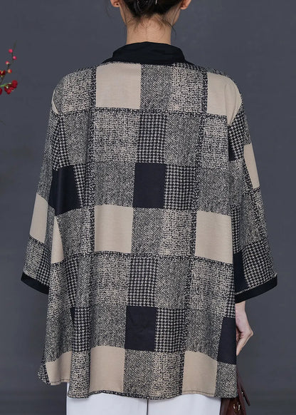 Khaki Plaid Patchwork Chiffon Shirts Spring