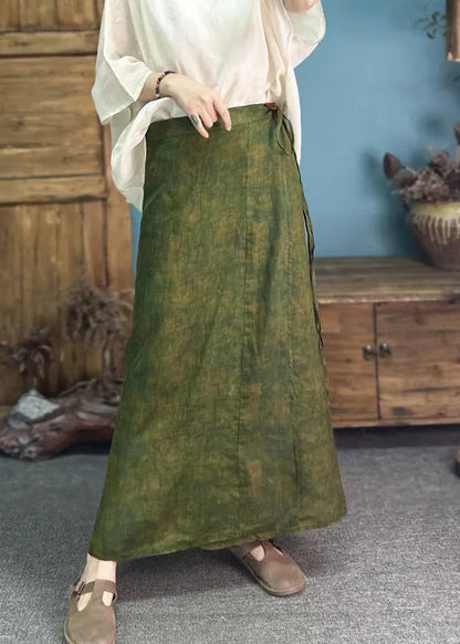 Original Green Linen Printed One Piece Strappy Long Skirt Summer