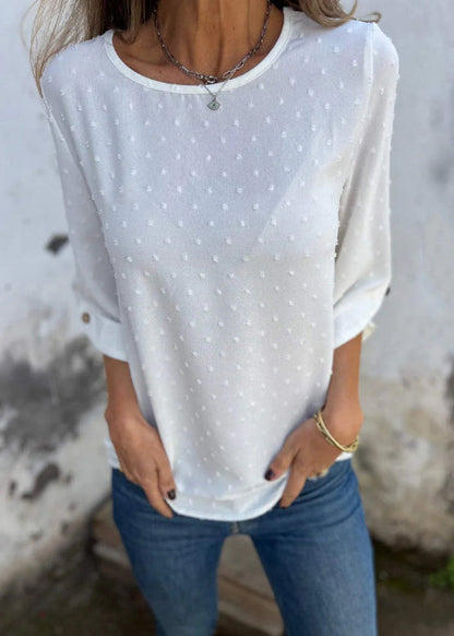 Apricot O Neck Jacquard Cotton Tops Bracelet Sleeve