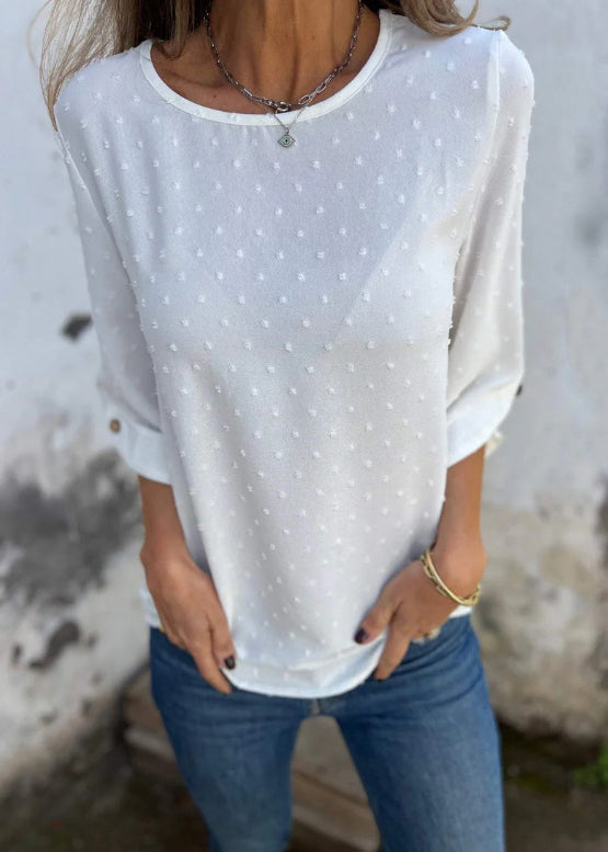 Apricot O Neck Jacquard Cotton Tops Bracelet Sleeve