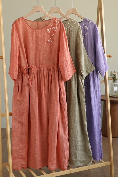 -summer Loose Embroidered Dress Color Half Sleeve Long Dress