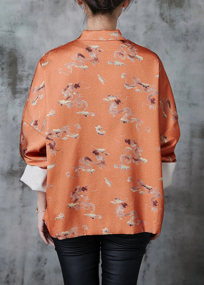 Orange Tasseled Print Side Open Silk Oriental Coats Fall