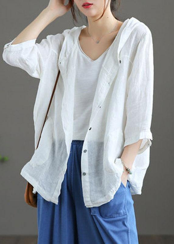 French Chocolate Linenhooded Summerpatchwork Shirt Tops