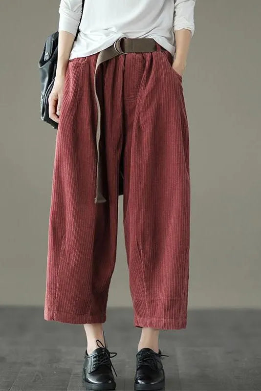 Limited Stock- Loose Pocket Corduroy Handmade Pants With Belt