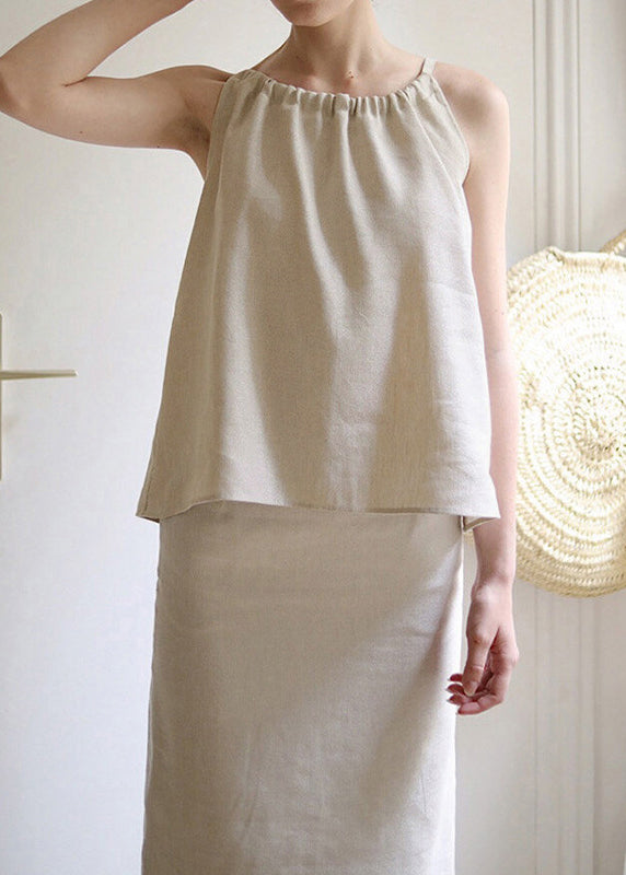 French Style Linen O Neck Lace Up Top Sleeveless
