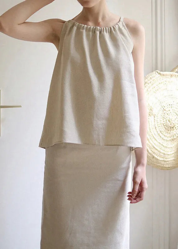 French Style Linen O Neck Lace Up Top Sleeveless