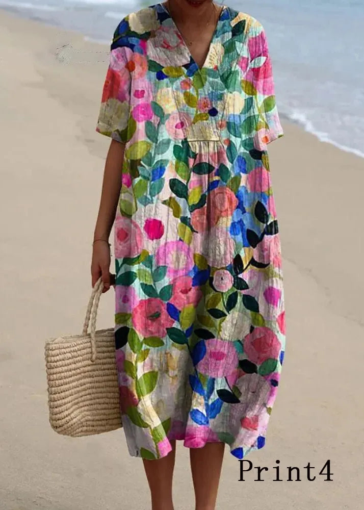 V Neck Print Loose Cotton Dress Summer