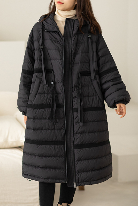 - Winter Hooded Long Down Jacket With White Duck Down