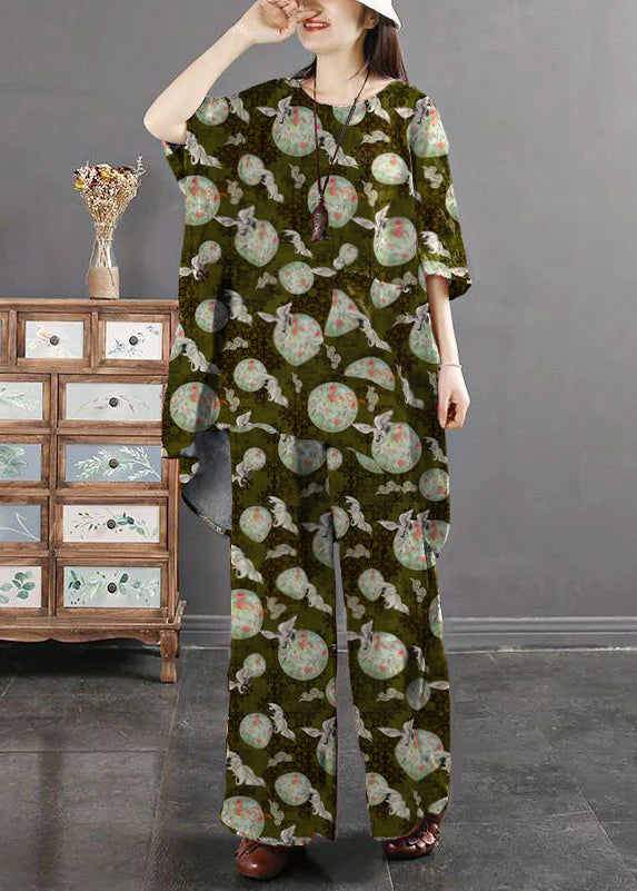 Red Print Pockets Patchwork Tops and Pants Cotton Two Pieces Set Summer