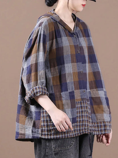 Loose Stitching Drawstring Cotton Linen Hooded Blouse Shirt
