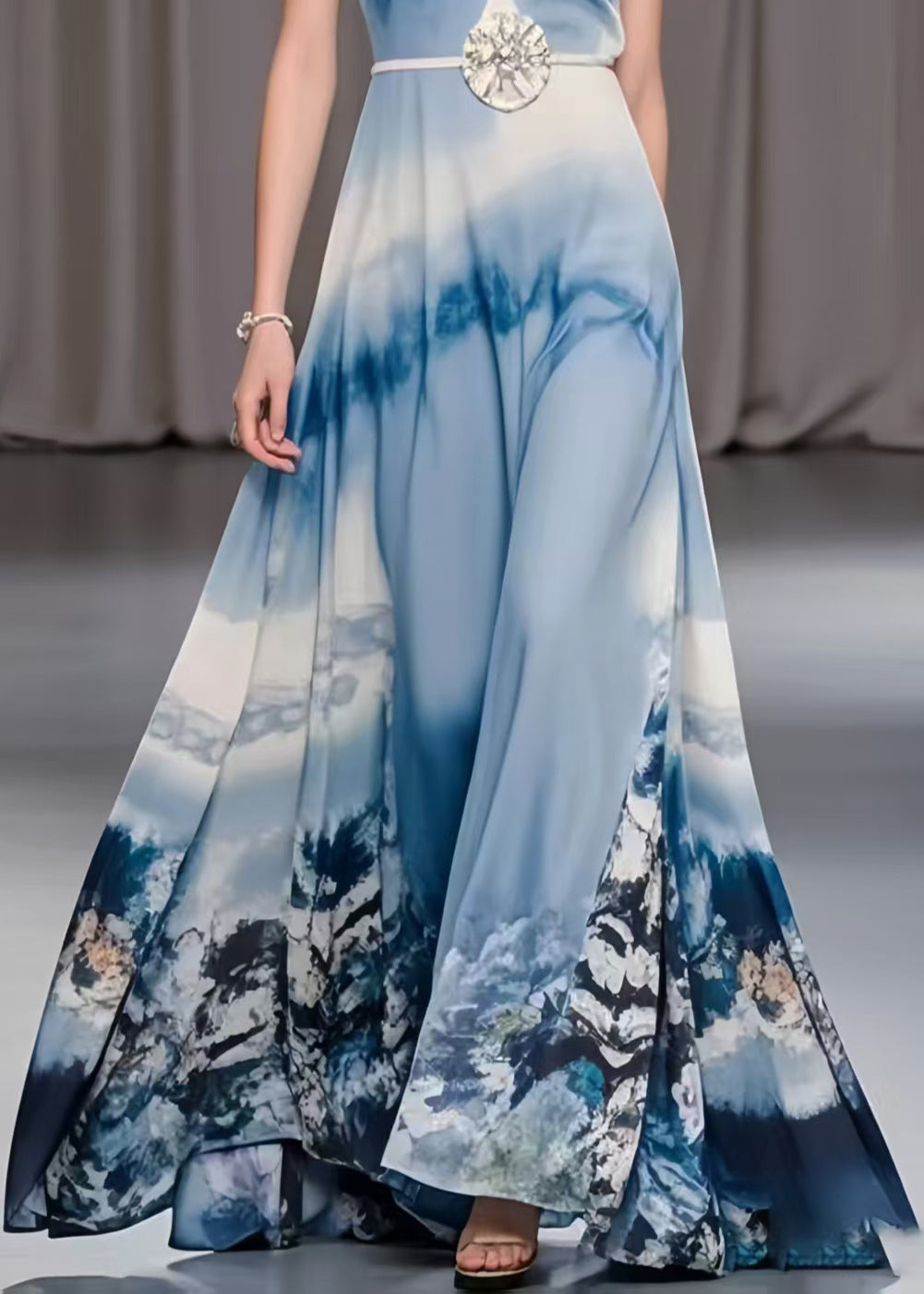 Sky Blue Print Exra Large Hem Chiffon Holiday Dress Summer