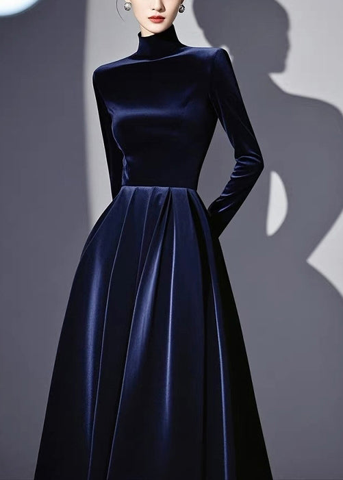 Slim Fit Navy Turtleneck High Waist Silk Velvet Dresses Spring