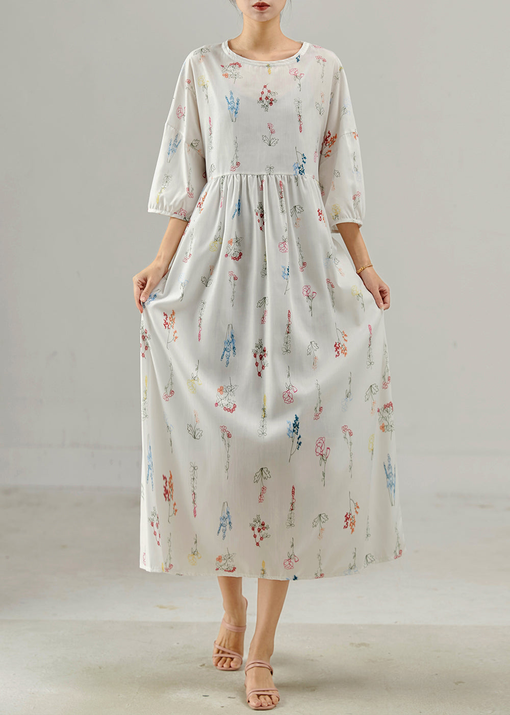 White Oversized Print Cotton Long Dresses Bracelet Sleeve