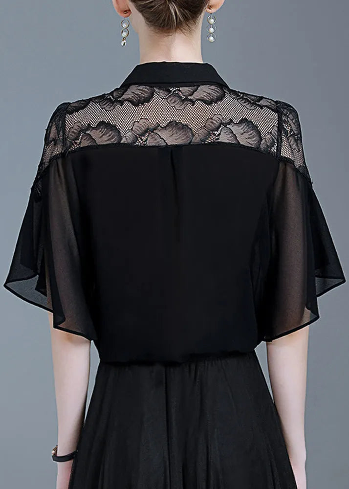 Black Ruffled Lace Patchwork Chiffon Shirt Summer