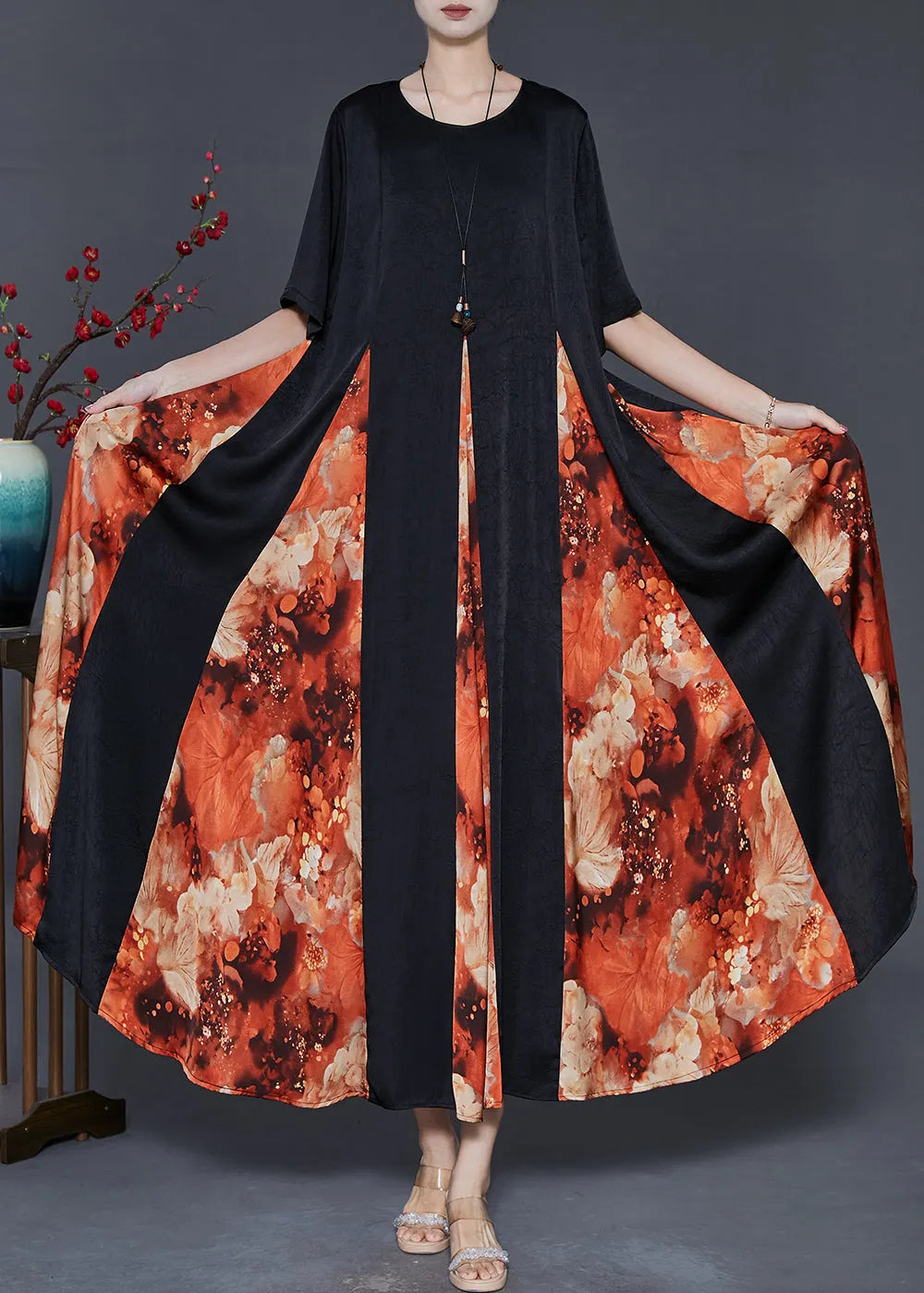 Orange Patchwork Silk Ankle Dress Exra Large Hem Summer