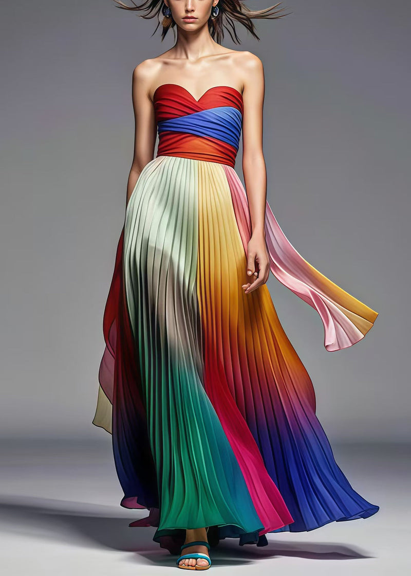 Multicolor Exra Large Hem Chiffon Pleated Strapless Dress Summer