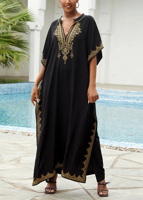Loose Black Embroidered Cotton Robe Dresses Summer