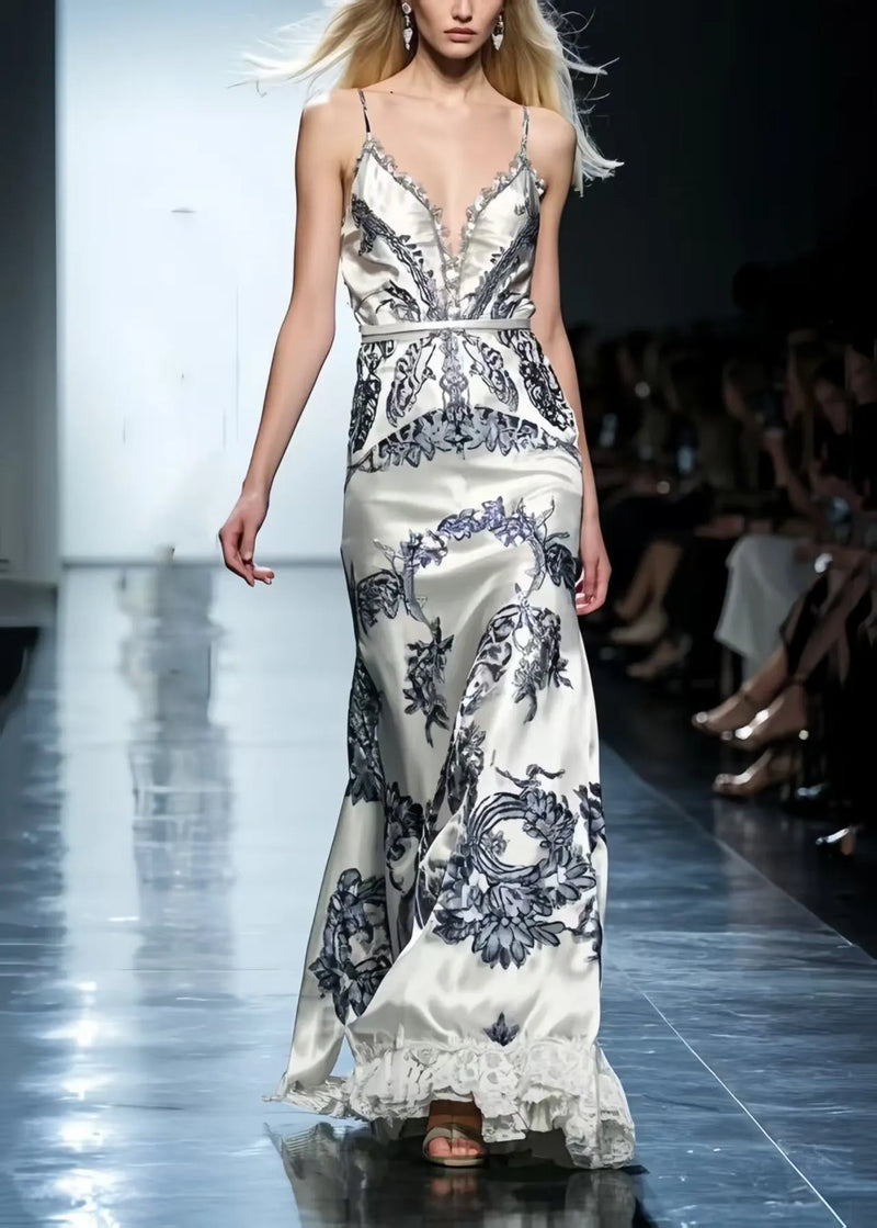 White Print Patchwork Lace Silk Vestidos Dress Summer