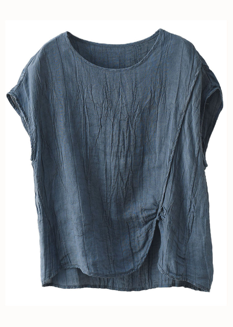 Organic Blue O Neck Wrinkled Patchwork Linen T Shirt Top Short Sleeve