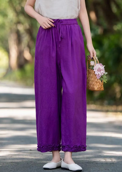 Stylish Purple Ruffled Pockets Linen Wide Leg Pants