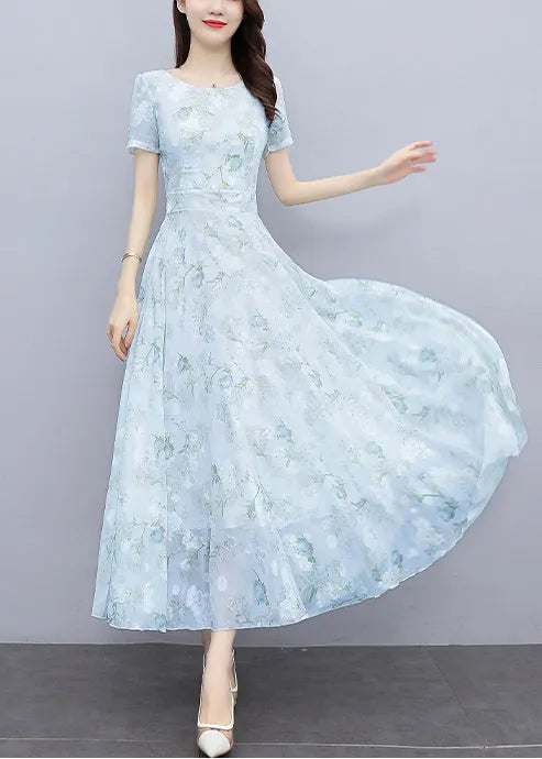 Light Blue Print Silm Fit Chiffon Long Dresses Summer