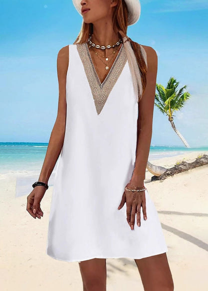 Classy Blue V Neck Cotton Mid Dress Sleeveless