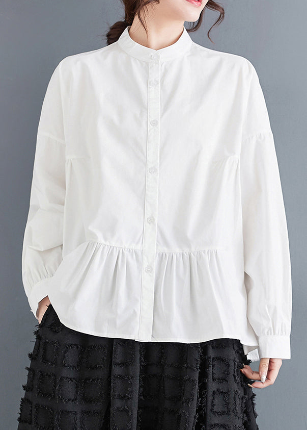White Stand Collar Patchwork Cotton Shirts Spring