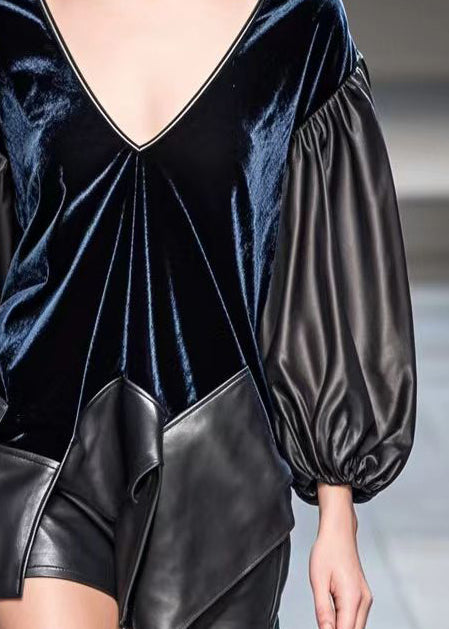 Dark Blue Asymmetrical Patchwork Faux Leather Silk Velour Tops Fall