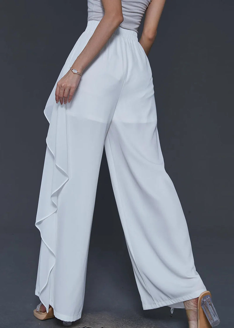 White Patchwork Chiffon Wide Leg Pants Ruffled Summer