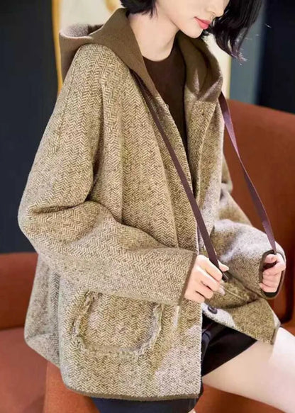 Loose Khaki Patchwork Pockets Button Woolen Hooded Coats Spring