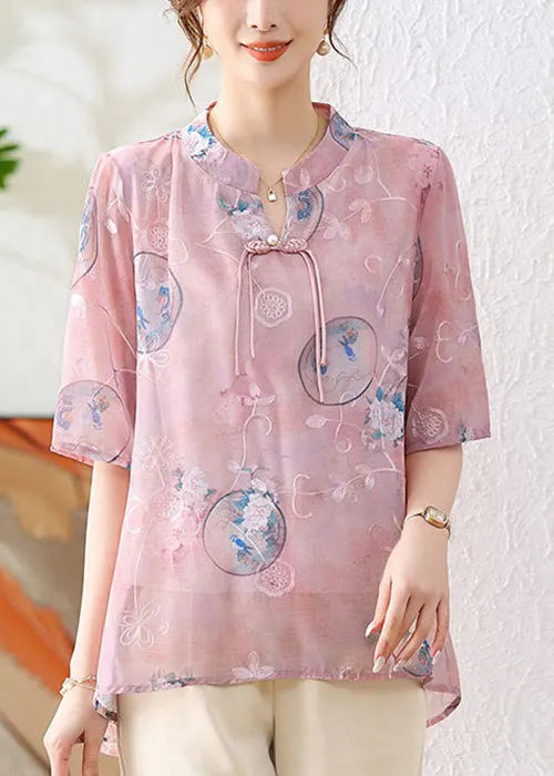 Pink Chinese Button Print Chiffon Shirt Summer