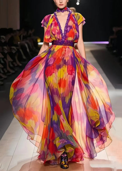 Italian Rainbow Cinched Print Chiffon Dress Summer