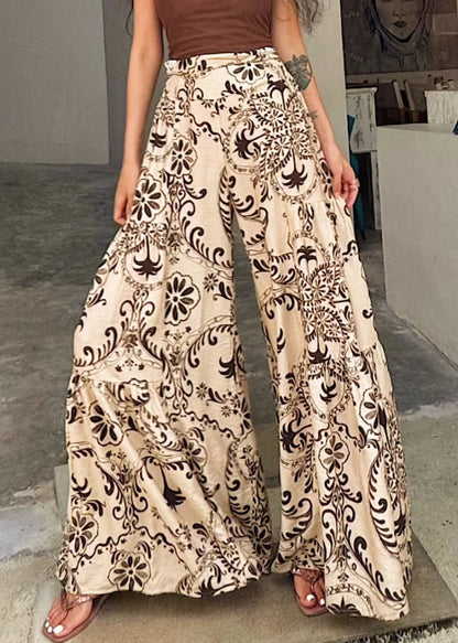 Apricot Print Pockets Cotton Wide Leg Pants Summer