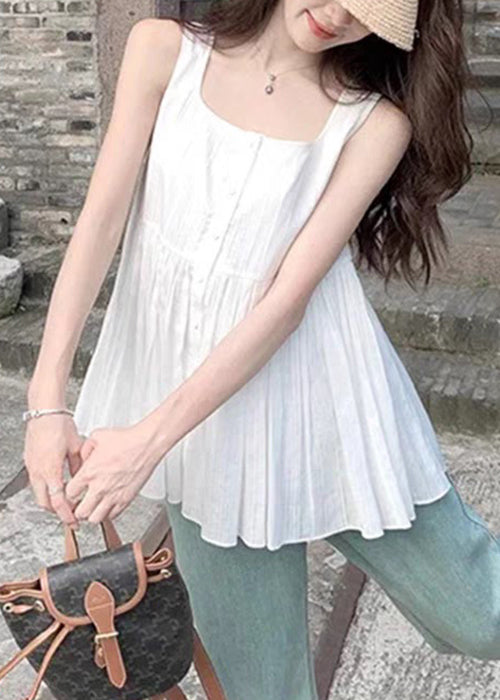 White Square Collar Wrinkled Cotton Shirt Sleeveless