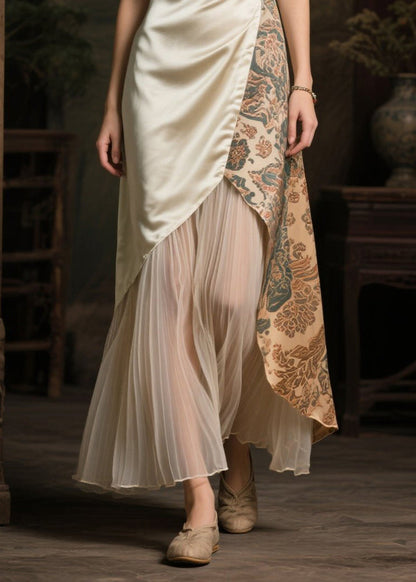 Stylish Champagne Asymmetrical Patchwork Tulle Silk Long Dress Sleeveless