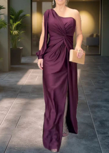 Italian Army Green One Shoulder Wrinkled Side Open Silk Dresses Summer
