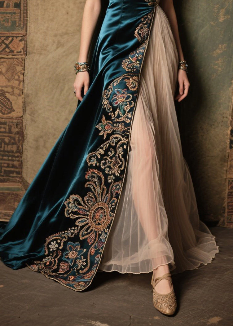 Peacock Blue Jacquard Tulle Patchwork Silk Velour Dress Summer