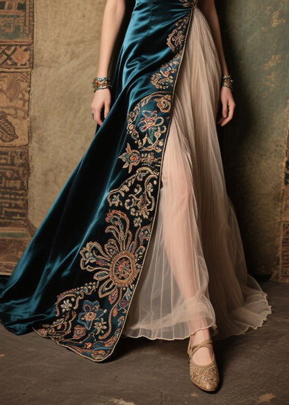 Peacock Blue Jacquard Tulle Patchwork Silk Velour Dress Summer