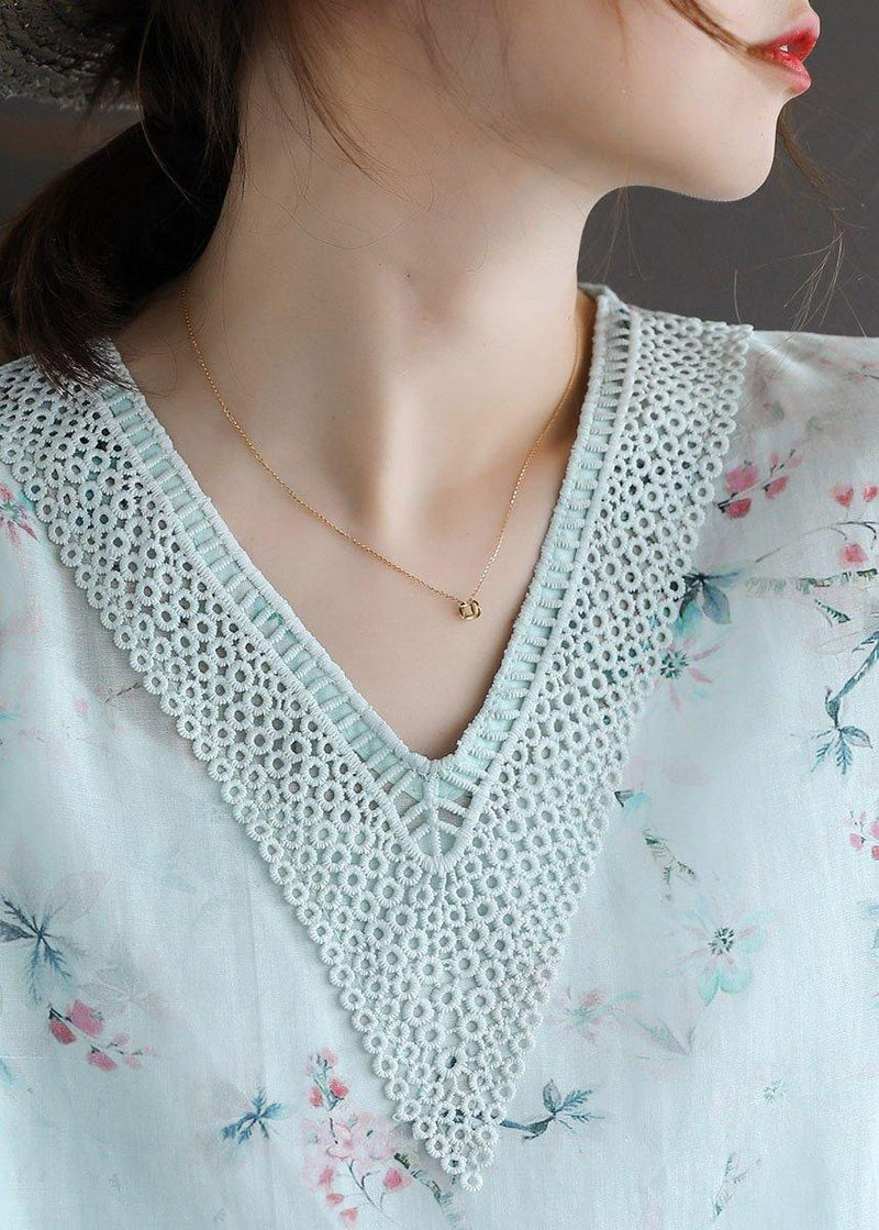 Simple Light Green V-neck Print Summer Ramie Shirt Top Short Sleeve