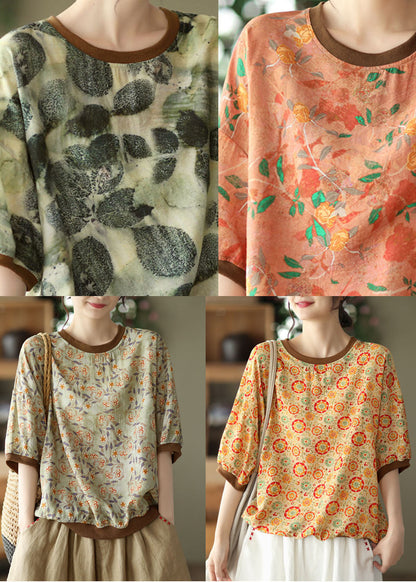 Green O Neck Print Patchwork Linen T Shirt Tops Summer