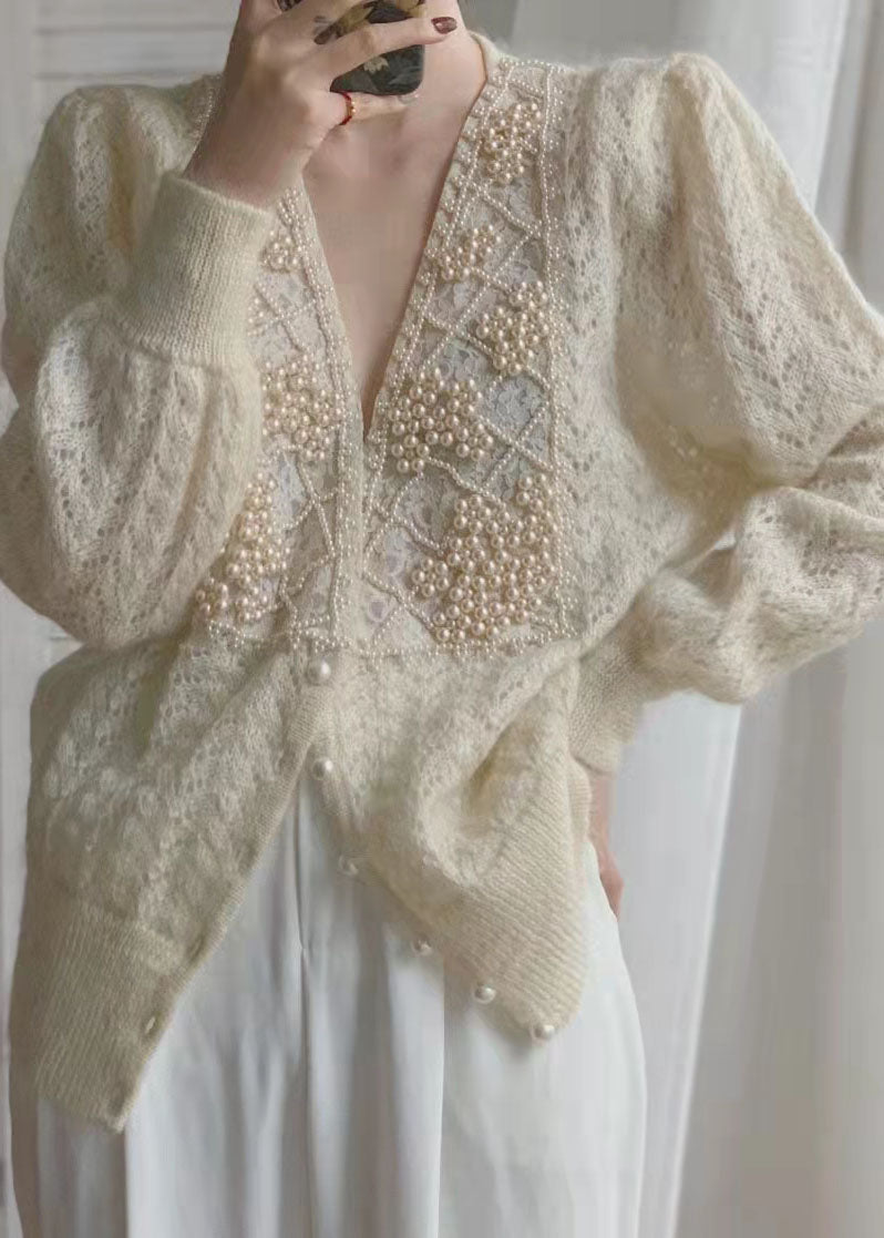 Loose Beige V Neck Pearl Button Thick Ma Hai Mao Knit Coat Long Sleeve