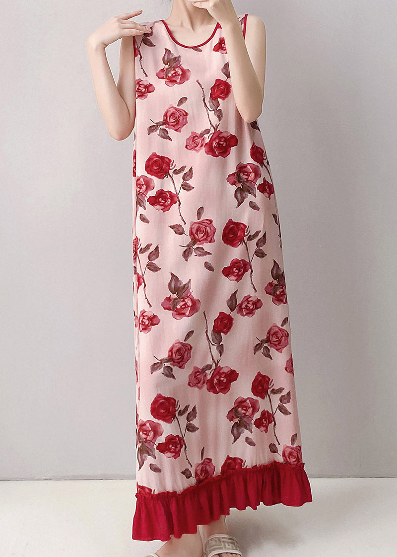 Red O-neck Print Long Dresses Summer