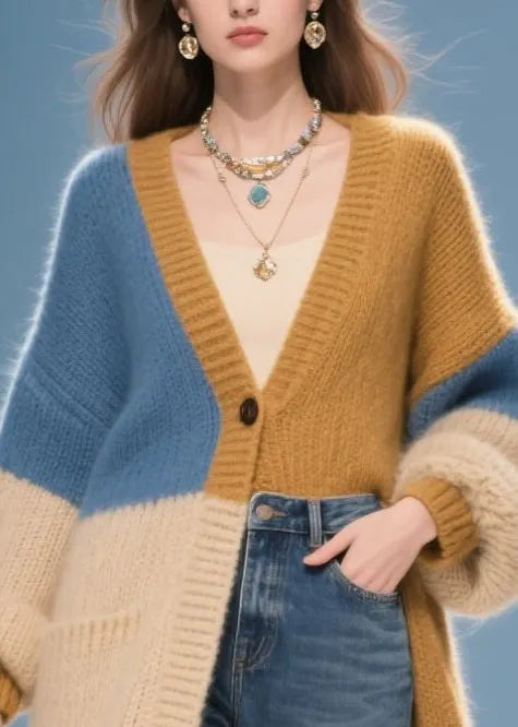 Mixed Color Oversized Patchwork Faux Fur Knit Cardigans Winter