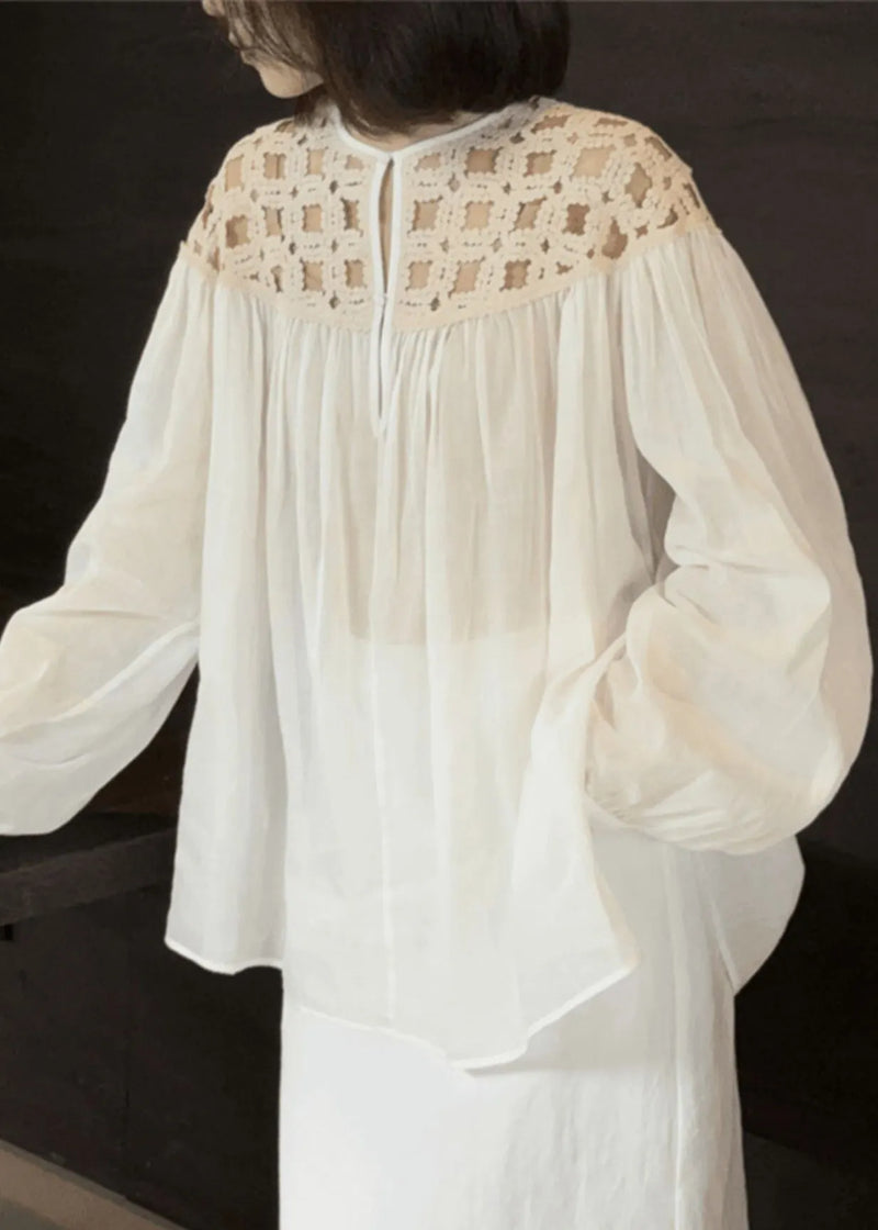 Stylish White O-neck Wrinkled Hollow Out Silk Cotto Shirts Fall