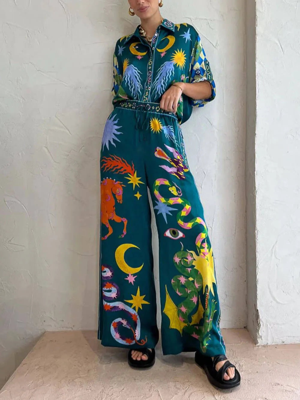 Loose Elastic Waist Unique Print Pocketed Wide Leg Pants Set