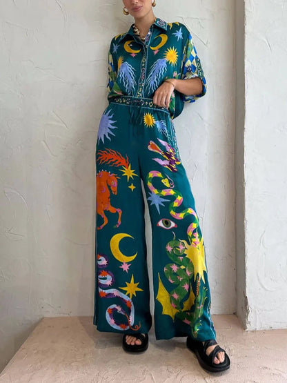 Loose Elastic Waist Unique Print Pocketed Wide Leg Pants Set